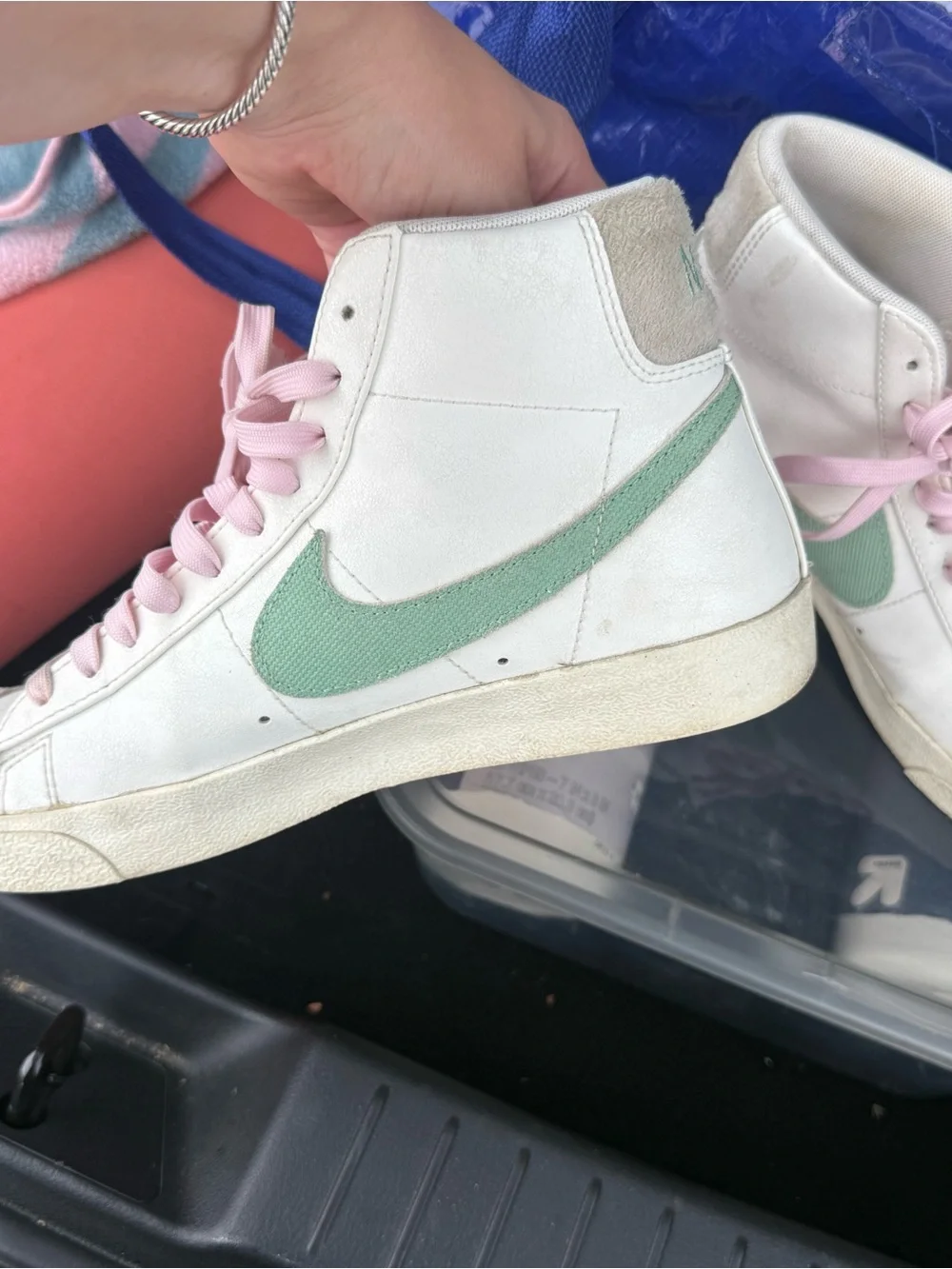 Nike Women's High-Top Sneakers White with Mint Green Swoosh and Pink Laces